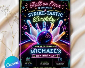 Editable Bowling Birthday Invitation, Glow Bowling Invitation, Neon Glow Party, Boy Bowling Invite, Strike Up Some Fun, Editable Canva
