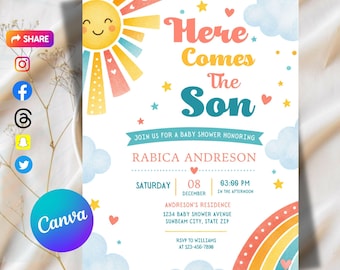 Here Comes the Son Baby Shower Invitation,Editable Boho Sunshine Baby Shower Invitation,Canva Birthday Party Printable Template,5x7 Digital