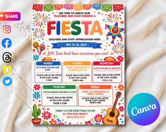 Fiesta Teacher Appreciation Week Flyer, Mexican Itinerary Template