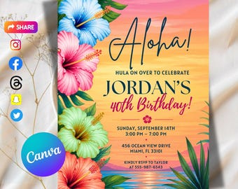 Tropical Birthday Invitation, Hawaiian Pineapple Birthday Invitation, Luau Invitation, Aloha Party Digital Invite, Editable Canva Template