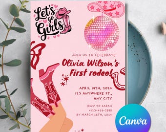 First Rodeo Birthday Invitation: Girl Cowgirl Theme (5x7 Canva)