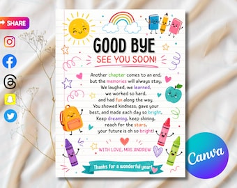 Goodbye Letter to Student Teacher Goodbye Letter Poem End of School Year Letter Printable Editable Elementary School Class Gift 8.5x11"