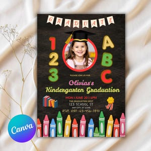 May include: A kindergarten graduation invitation card with a dark chalkboard background. It features a photo of a child in a graduation cap, colorful numbers 123, letters ABC, a stack of books, a gold award ribbon, and crayon illustrations.
