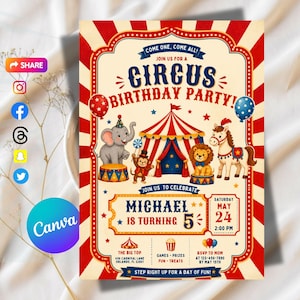 Könnte beinhalten: Zirkus-Themen-Geburtstagseinladung mit rotem und cremefarbenem Farbschema. Die Einladung zeigt Zirkustiere, ein Zirkuszelt und den Text "Circus Birthday Party!". Personalisiert mit dem Namen "Michael" und dem Alter "5".