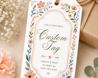 Bearbeitbare benutzerdefinierte Geschenkanhängervorlage, buntes druckbares Geschenkanhänger mit Blumenmuster, Partyanhänger, Hochzeitsanhänger, Babypartyetikett