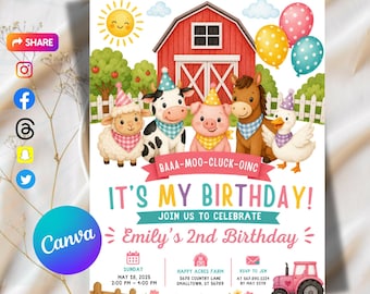 Editable Pink Farm Birthday invitation-farm theme invite-barn animals with party hats