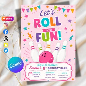 Może przedstawiać: Różowe zaproszenie urodzinowe z motywem kręgli z tekstem "Let's ROLL INTO FUN!" i "Emma's 8th BIRTHDAY BASH!". Zawiera kręgle, różową kulę do kręgli i szczegóły wydarzenia. Zawiera ikony udostępniania w mediach społecznościowych.