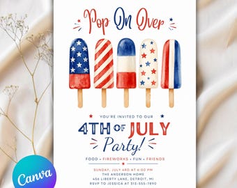 Pop on Over 4th of July Party Invitation, Independence Day Party, Popsicles, Ice Cream, Instant Download