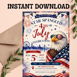 Może przedstawiać: Patriotyczne zaproszenie na 4 lipca z orłem w okularach przeciwsłonecznych w stylu amerykańskiej flagi. Zaproszenie zawiera tekst "Star-Spangled 4th of July Celebration!" oraz szczeg&oacute;ły wydarzenia na 5 lipca 2025 r. o godzinie 16:00.