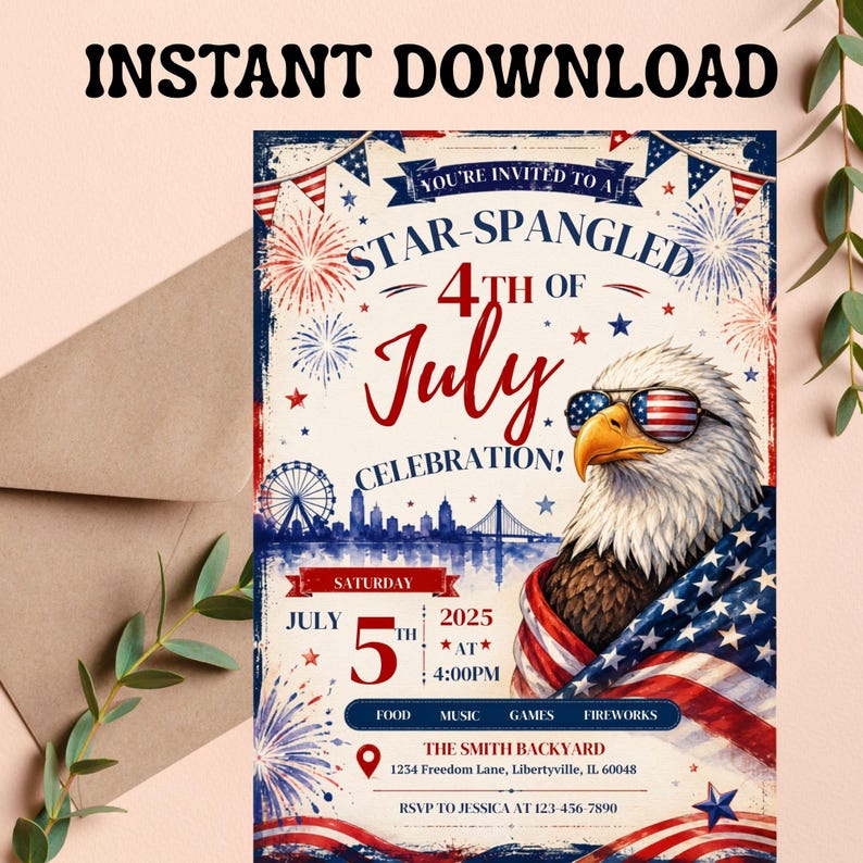 Może przedstawiać: Patriotyczne zaproszenie na 4 lipca z orłem w okularach przeciwsłonecznych w stylu amerykańskiej flagi. Zaproszenie zawiera tekst "Star-Spangled 4th of July Celebration!" oraz szczeg&oacute;ły wydarzenia na 5 lipca 2025 r. o godzinie 16:00.