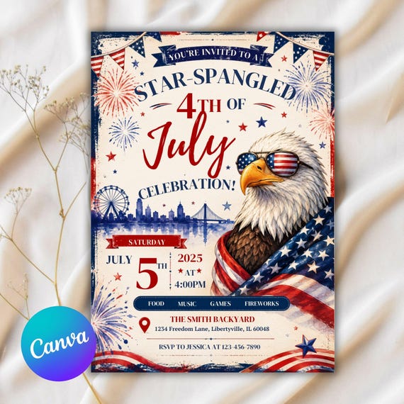 250th America Anniversary Invitation, USA Patriotic 4th of July Party Invite, Independence Day Party Invite, Editable Canva Template