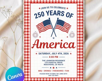 4th of July Invitation Template | 250 Years of America Party Invite | Editable Coastal BBQ Invite (Digital Download)