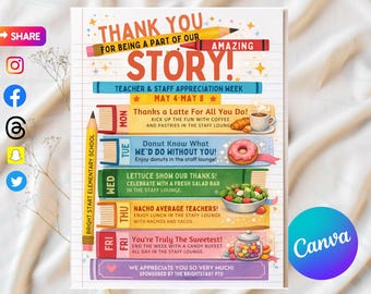 Storybook Theme Teacher Appreciation Week Itinerary Flyer, Thanks For Being A Part Of Our Story Teacher Week Weekly Events, Edit With Canva