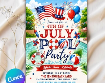 Uitnodiging zwembadfeest 4 juli: rood, wit en blauw, patriottische verjaardag bewerkbare canvassjabloon, direct downloaden