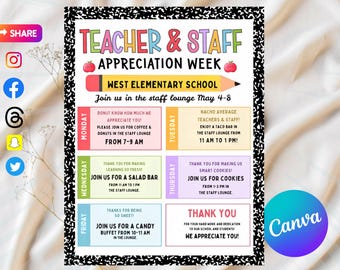 Teacher Appreciation Week Itinerary Flyer Template, Printable Teacher & Staff Appreciation Sign, Editable Canva Template