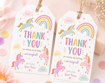 Editable Unicorn Favor Tags Magical Birthday Thank you tags Label Rainbow Birthday Gift Tags Pink Pastel Girl Template