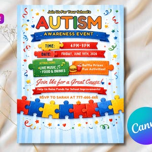 Puede incluir: Un folleto colorido para un evento de concienciación sobre el autismo. El folleto incluye el título del evento, la fecha, la hora y las atracciones. También tiene una llamada a la acción para confirmar la asistencia y un logotipo de Canva.