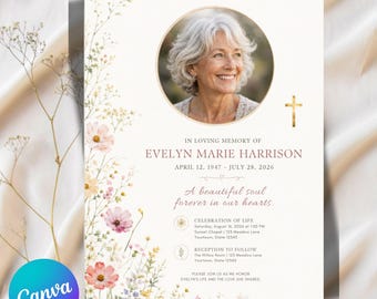 Modern Funeral Invitation, Memorial Announcement, Editable Celebration of Life Template, Wildflower Obituary Invite Death Announcement