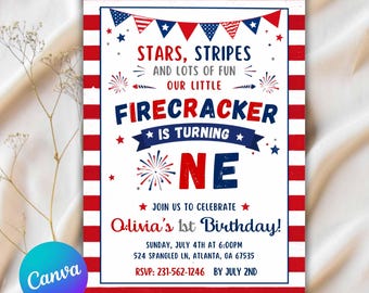 4th of July 1st Birthday Invitation Red White and Blue Firecracker Patriotic Stars Stripes Editable Template Download Printable