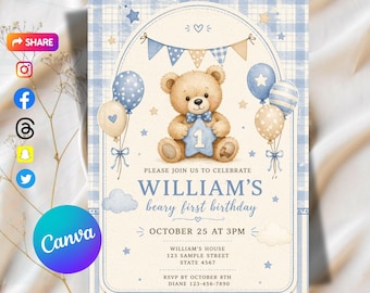 Beary First Birthday Invitation Template Teddy Bear-Themed Party Invite 1st Birthday Baby Boy Bear Invite Gingham Blue Invitation