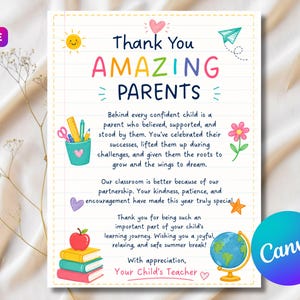 Puede incluir: Una colorida tarjeta de agradecimiento para padres, con el texto "Thank You AMAZING PARENTS". La tarjeta incluye ilustraciones de un sol, un corazón, una flor, un globo terráqueo y útiles escolares. El logotipo de Canva está en la esquina inferior derecha.