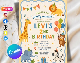 Party Animals Birthday Invitation | 1st, 2nd Birthday Boys | Canva Template