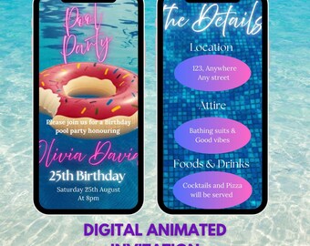 Animated Pool Party Invitation, Neon Evite (Digital)