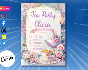 Tea Party Birthday Invitation, Par-tea Invitation, Girl Par-tea Invite, Whimsical Tea Party Invite Digital Download, Editable Canva Template