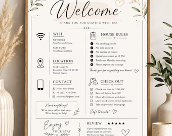 Airbnb Welcome Sign Template| Welcome Sign for Airbnb Hosts |Vacation Rental Printable | Guest Arrival Poster | VRBO, House Rules, WIFI Sign