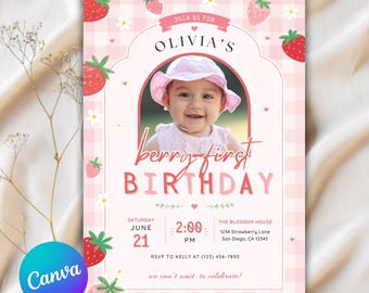 Berry First Birthday Invitation, Editable 1st Birthday Girl Invite, Printable Strawberry First Birthday Girl Invitation Template