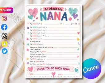 All About My Nana printed Questionnaire, Personalized Gift, Coloring Activity, Fill in the Blanks, Keepsake Printable Gift, Unique Nana Card