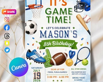 It’s Game Time Birthday Invitation, Sports Party Invite, Editable Canva Template