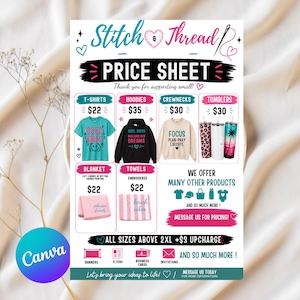 Könnte beinhalten: Ein Preisblatt mit den Produkten von Stitch & Thread, einschließlich T-Shirts, Hoodies, Crewnecks, Bechern, Decken und Handtüchern. Das Blatt wirbt auch für andere Produkte und kundenspezifische Designleistungen. Der Text "Preisliste" ist deutlich sichtbar.