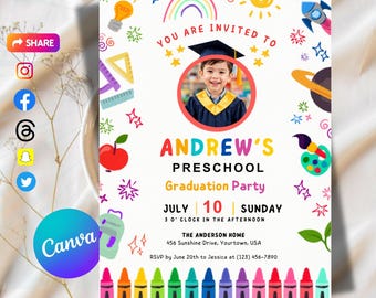 Preschool Graduation Invitation, Pre-K Grad Announcement Card Editable Kindergarten Graduate Party Invite, Class of 2026
