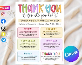 Teacher Appreciation Week Itinerary Flyer Template, Printable Teacher & Staff Appreciation Sign, Editable Daily Schedule, Canva Template