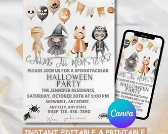 Monster Halloween Party Invitation, Kids Costume (Canva Editable, PDF)