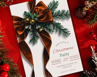 Elegant Christmas Party Invitation Template | Greenery Bow (Editable, Digital Download)