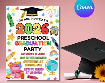 Invitación de graduación preescolar, invitación de graduación de preescolar, invitación de graduación preescolar Clase de 2025, plantilla editable de Canva