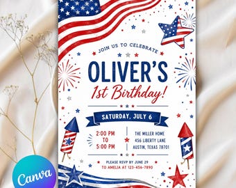 EDITABLE Patriotic Birthday Party Invitation, Stars and Stripes Invite, Summer Birthday Invite, 4th of July Birthday, Printable CANVA Invite