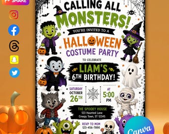 Calling all Monsters Halloween Birthday Invite | Spooky Monster Any Age Bday Party | 5x7 Canva template