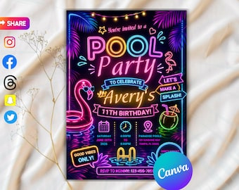 Neon Pool Birthday Invitation, Pool Party Birthday Invitation, Neon Glow Swim Invite, Swimming Pool Party Invite, Editable Canva Template