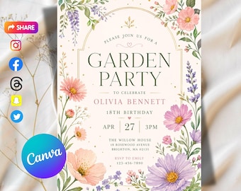 Vibrant Wildflower Birthday Garden Party Invitation Template, Watercolor Floral Meadow Party, Bright Colorful Invite, Canva Editable, 5x7