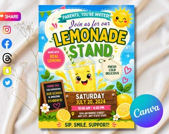 Editable Lemonade Stand Flyer Template, Printable Sign (Canva)