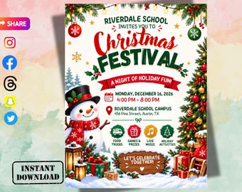 Christmas Festival Flyer, DIY Flyer Template Design, Holiday Festive Flyer, Christmas Party Invitation, Premade Winter Season School Flyer
