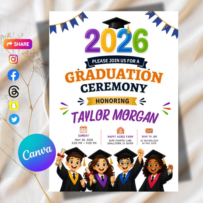 2026 Graduation Invitation – Cartoon Kids, Canva Template (digital ...