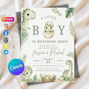 Hatching Soon Baby Shower Invitation, Dinosaur Boy Invite, Baby Dino Egg, Editable Canva Template, Couples Shower Mobile Evite
