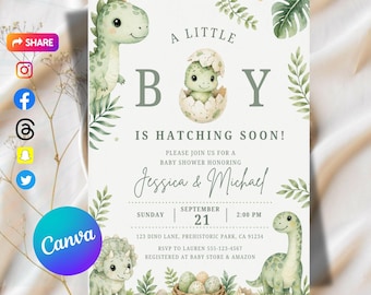 Hatching Soon Baby Shower Invitation, Dinosaur Boy Invite, Baby Dino Egg, Editable Canva Template, Couples Shower Mobile Evite