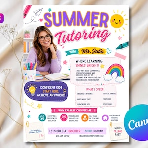 Op de afbeelding: Een kleurrijke flyer die zomertutorlessen promoot. De tekst luidt "Summer Tutoring with Ms. Julia" en bevat informatie over de aangeboden diensten, zoals lezen, schrijven en toetsvoorbereiding. De flyer toont een lachende vrouw en een regenboog.