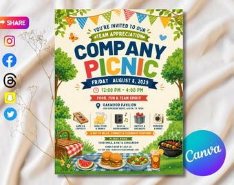 Company Picnic Flyer Editable Template, Work Appreciation Party, Canva