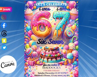 Editable Six Seven Party Invitation Template | I Was 6 Now 7 Meme Theme | Ice Cream Kids Birthday Evite | Printable Canva Template